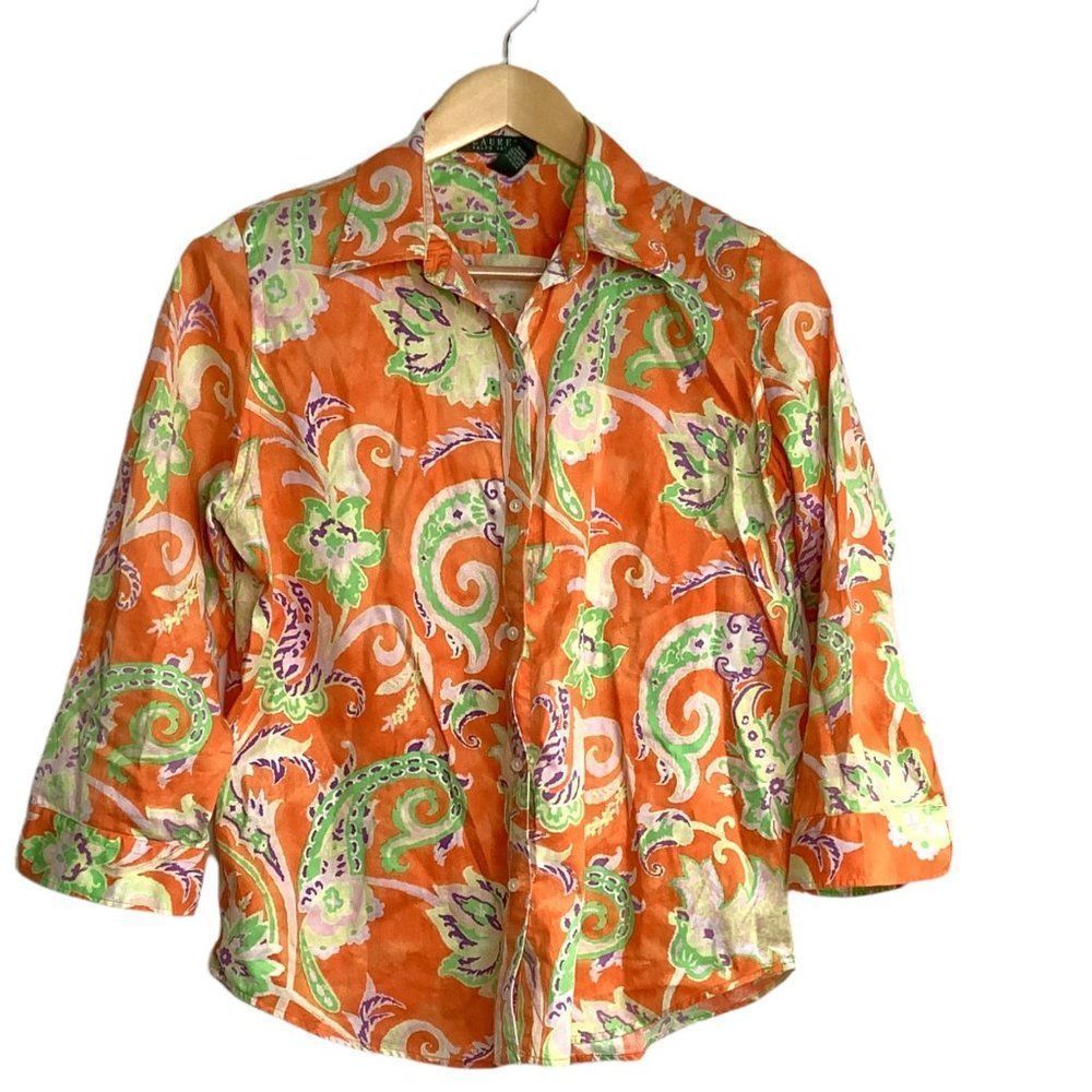 Lauren Ralph Lauren Paisley Print Button Up Shirt Relaxed Fit SZ L 100% Cotton - Picture 1 of 8